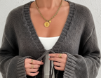 Deep V-Neck Lace-Up Knit Sweater
