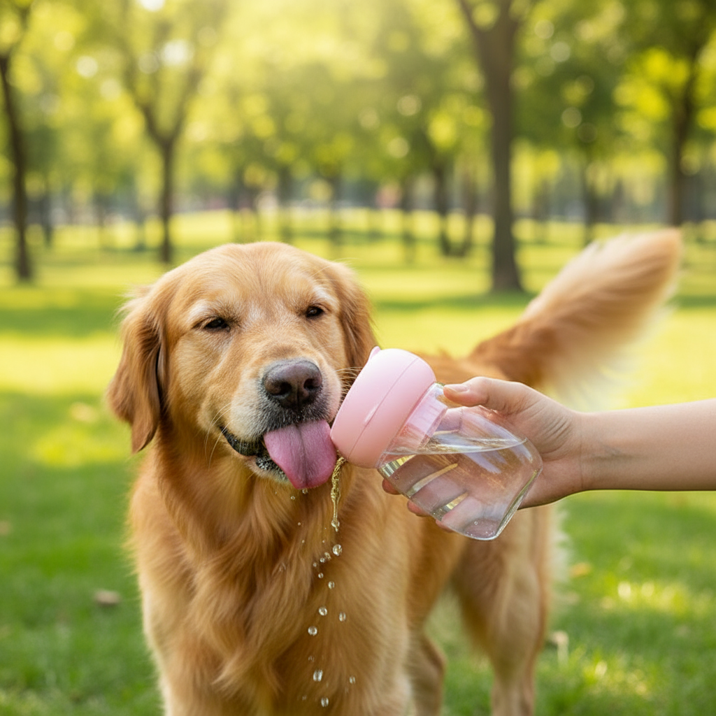 Dog drinking from portable water bottle