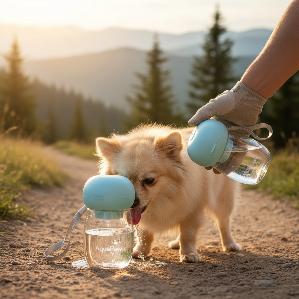Dog using water bottle on hiking trail