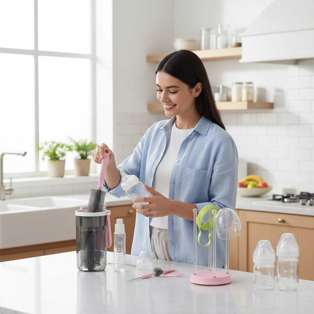 Mother cleaning baby bottles