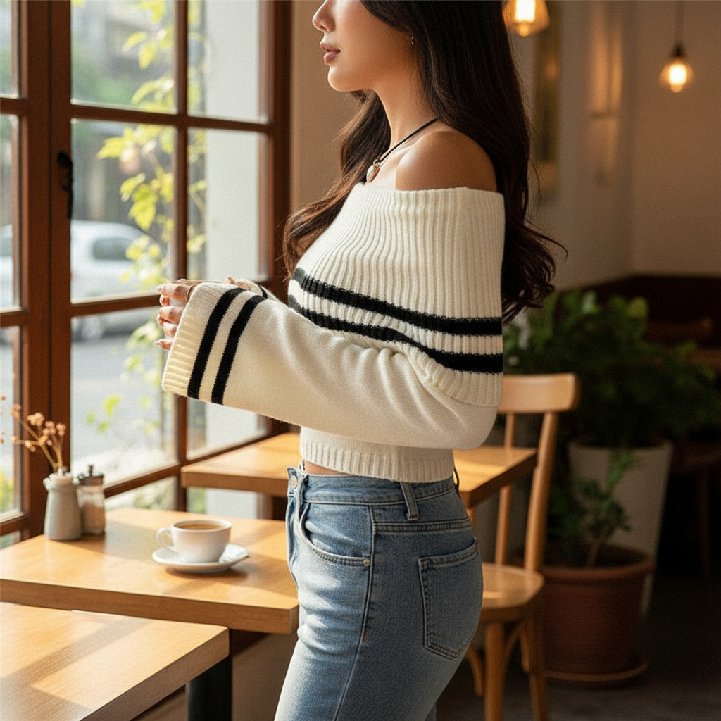 Off-Shoulder Bell Sleeve Knit Sweater