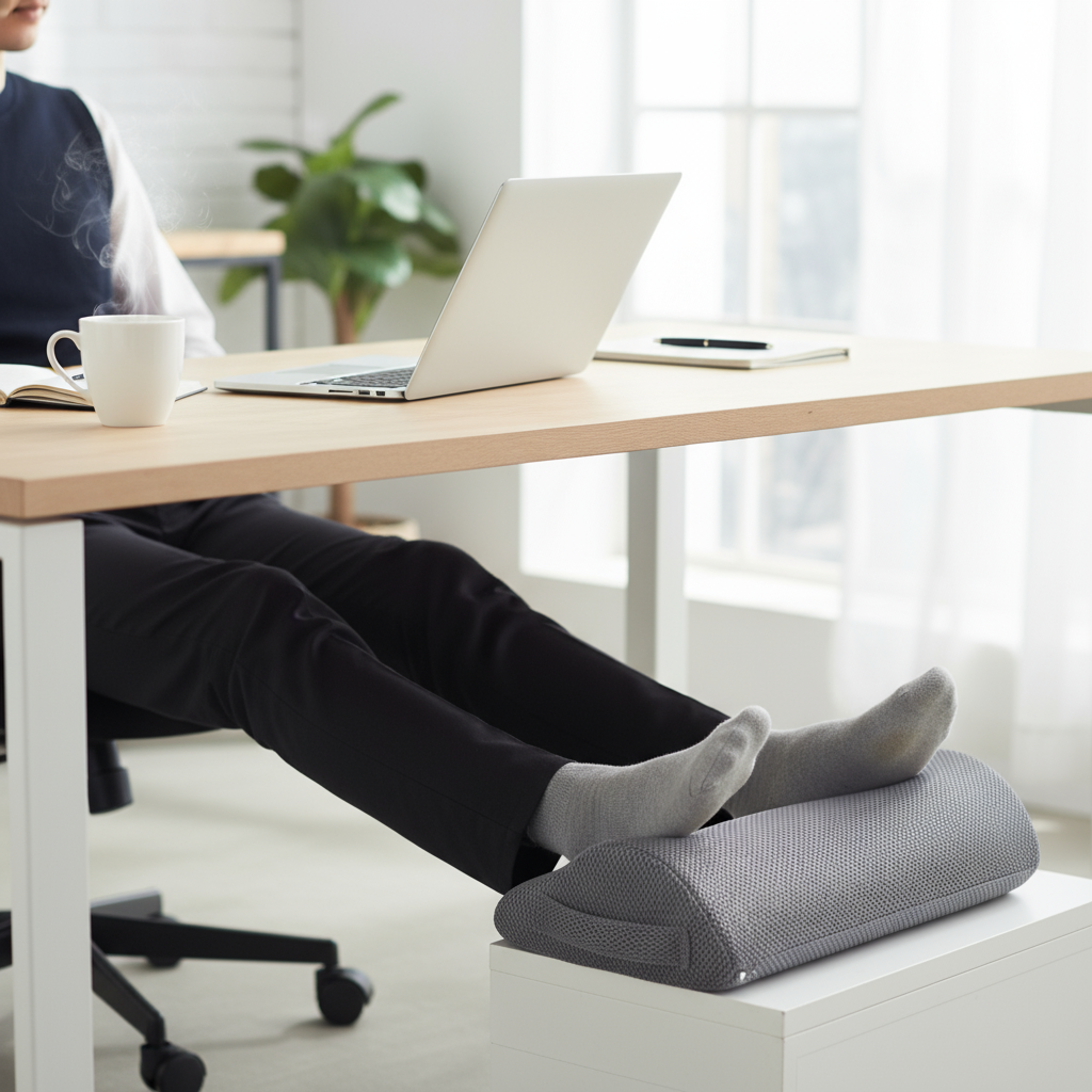 Person working with footrest at desk