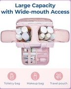 Product advertisement for a pink toiletry bag with text on a purple background
