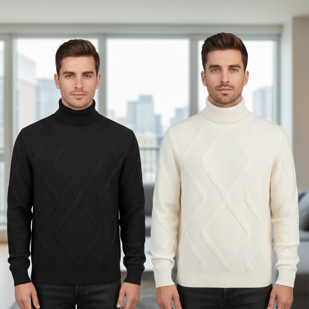 Two Men Wearing Slim-Fit Turtleneck Sweaters