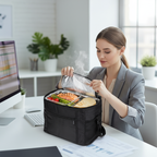 Woman with insulated lunch bag